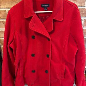 Lands End Womens Red Double-Breasted Fleece Pea Coat XL/P 18-20